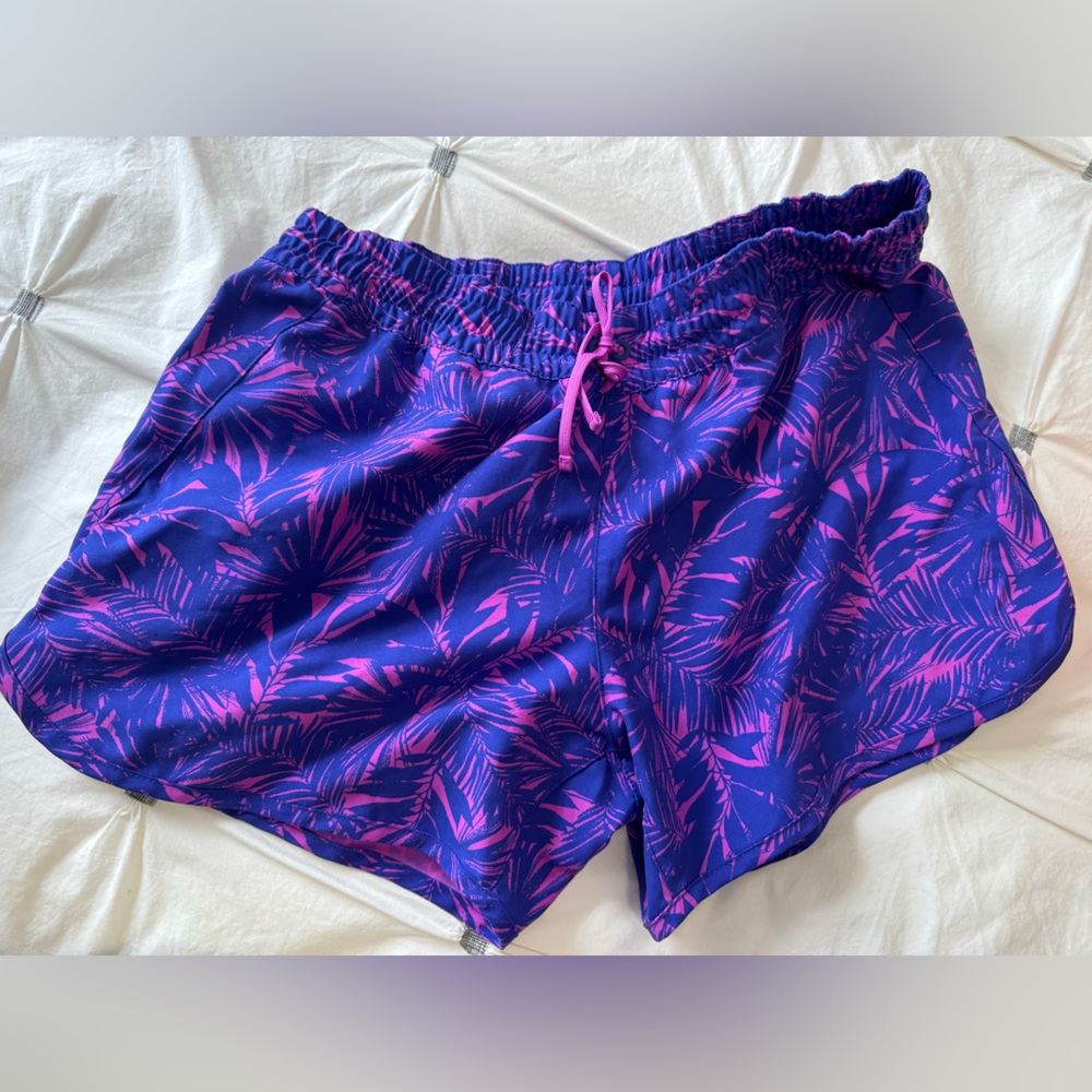 Columbia Blue and Pink Athletic Shorts with Tropical Print